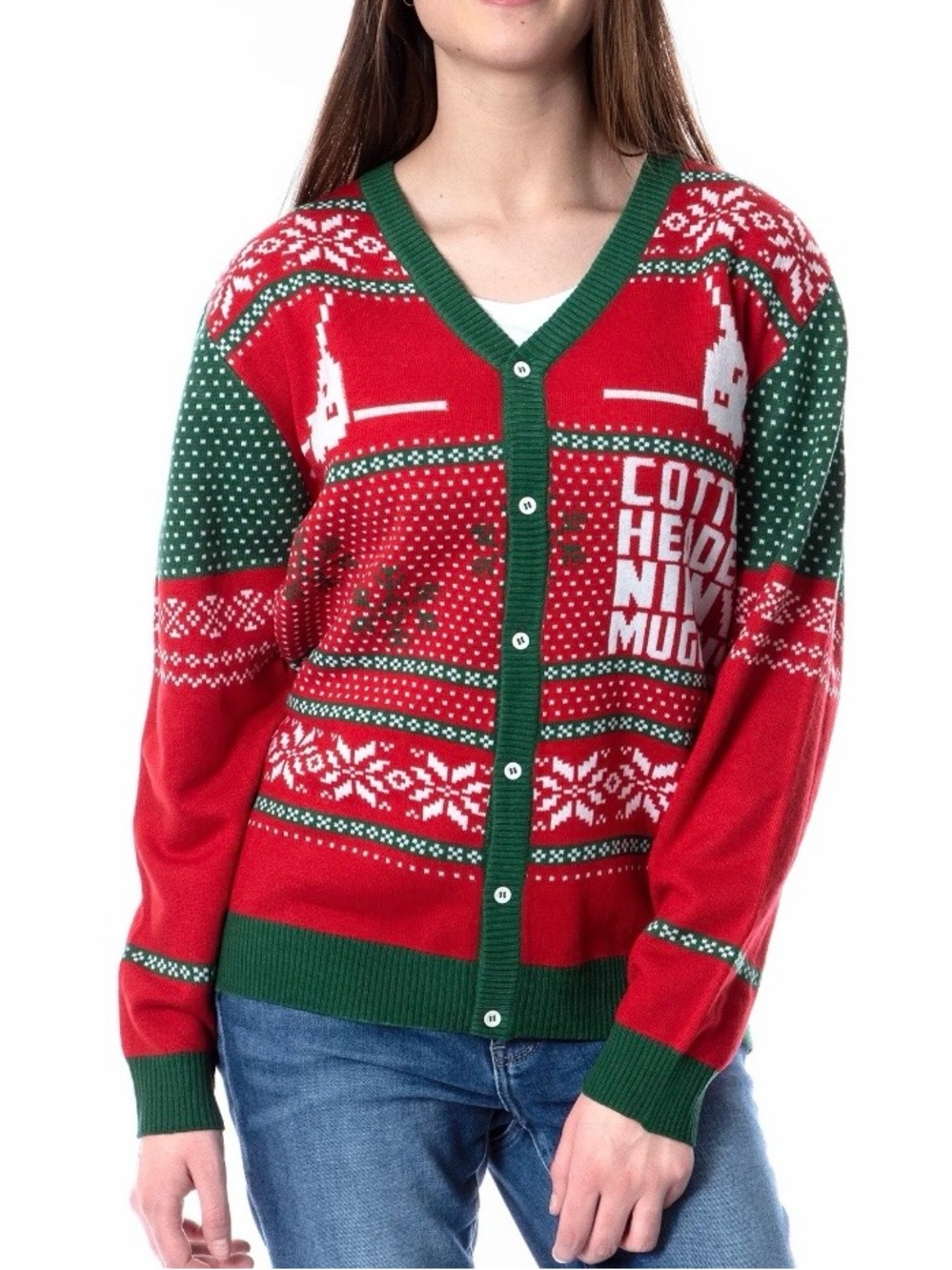 ELF The Movie Cotton Headed Ninny Muggins Ugly Christmas Sweater Cardigan Medium